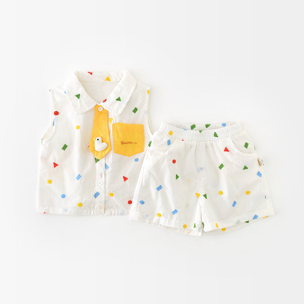 Summer Korean Style Full Embroidery Geometric Vest Suit