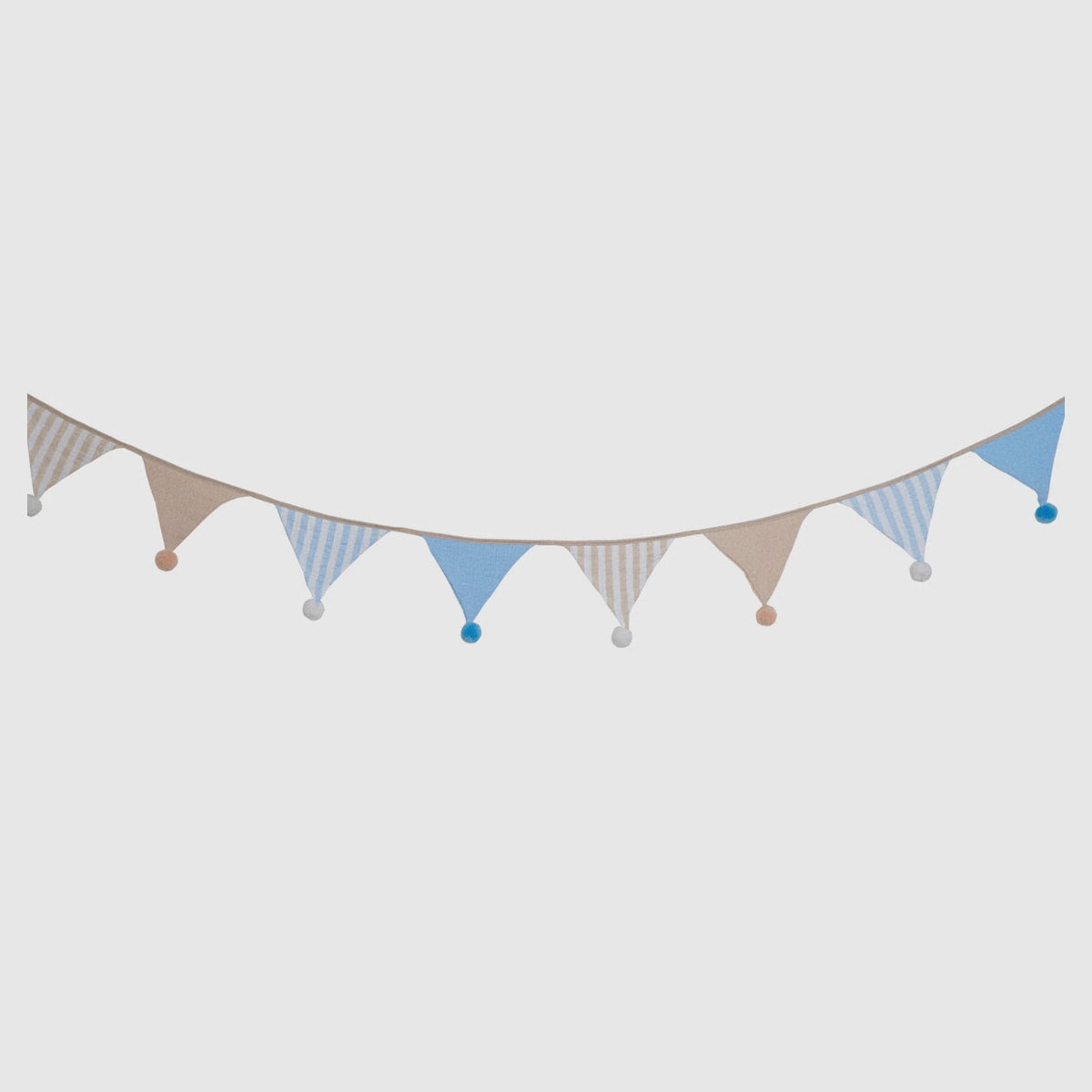Oat & Blue Stripe pom-pom bunting with 10 muslin flags