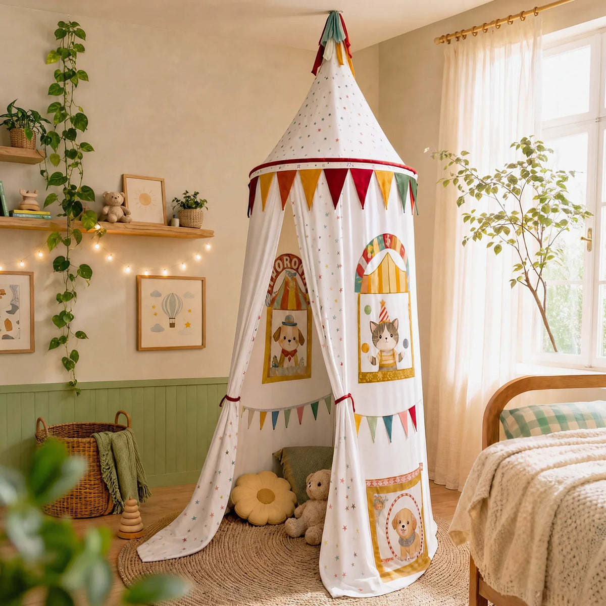 Circus Dream canopy hanging in a sunny nursery corner beside a bed