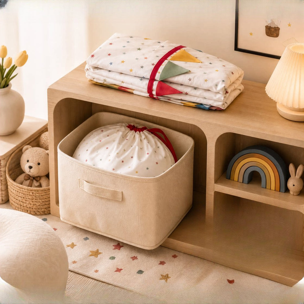 Circus canopy folded with its drawstring storage bag on a nursery shelf