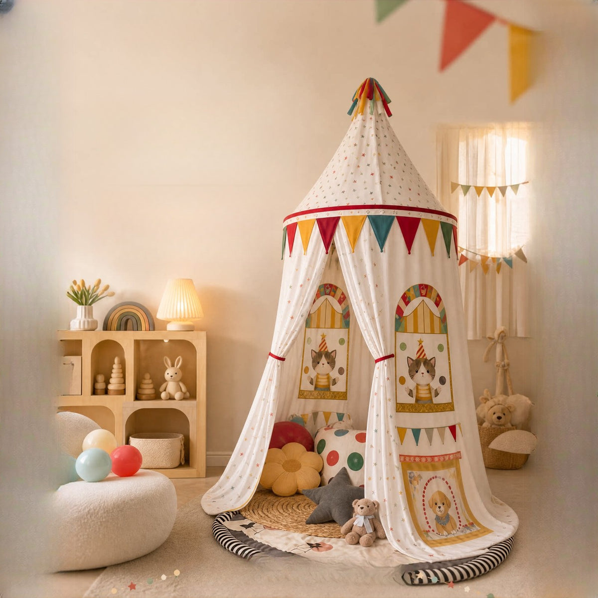 Circus Dream canopy over a round play mat with cushions and a teddy bear