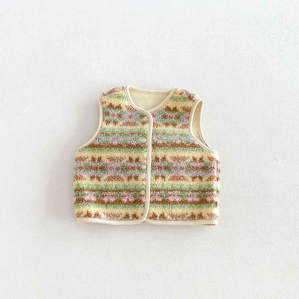 Butter-yellow striped retro pattern fleece vest, flat lay
