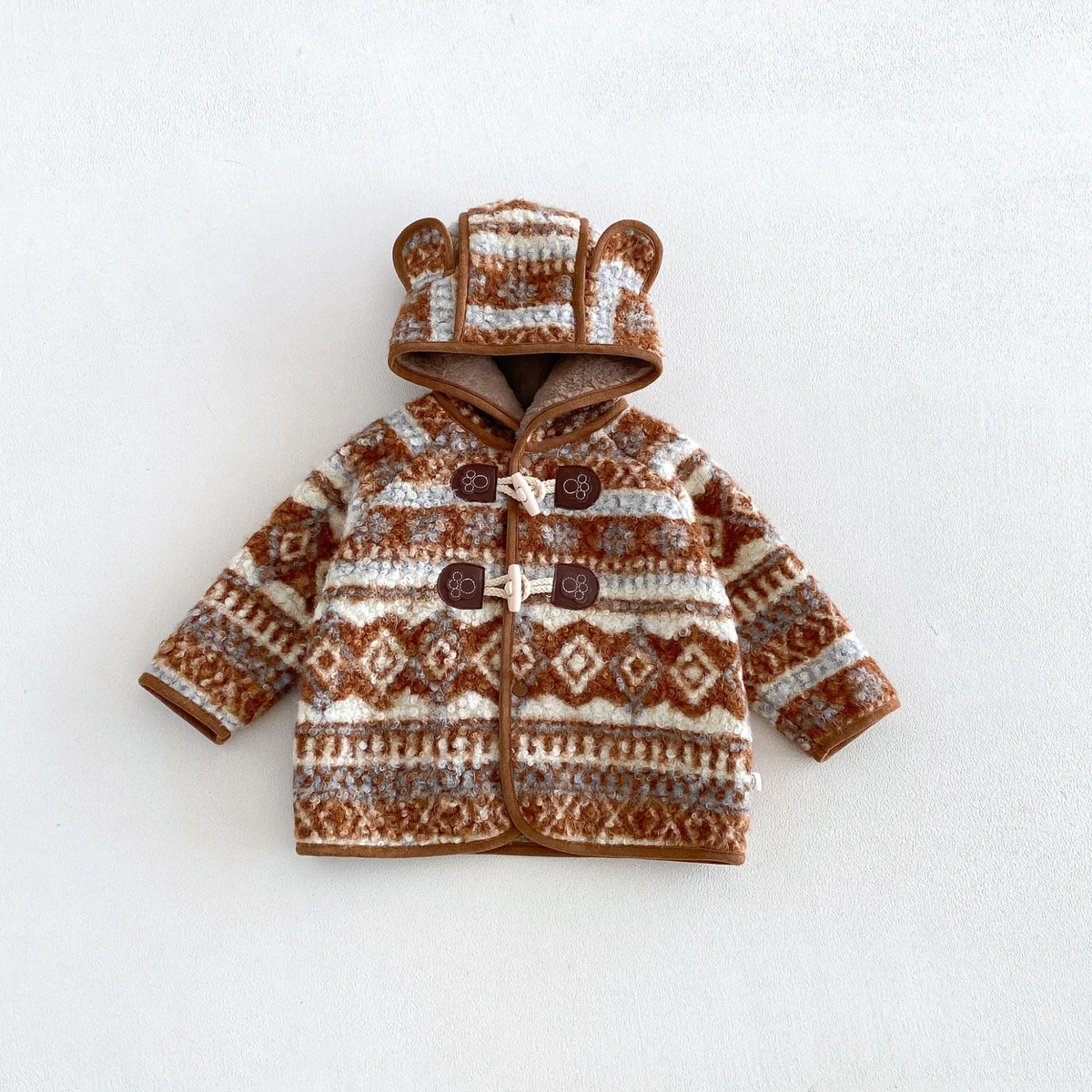 Cocoa fair isle hooded duffle coat for toddlers with toggle buttons, flat lay