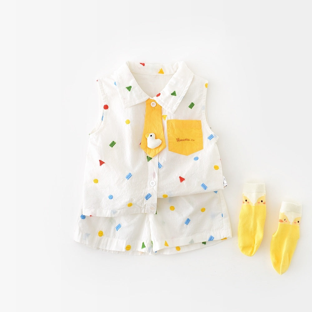 Summer Korean Style Full Embroidery Geometric Vest Suit