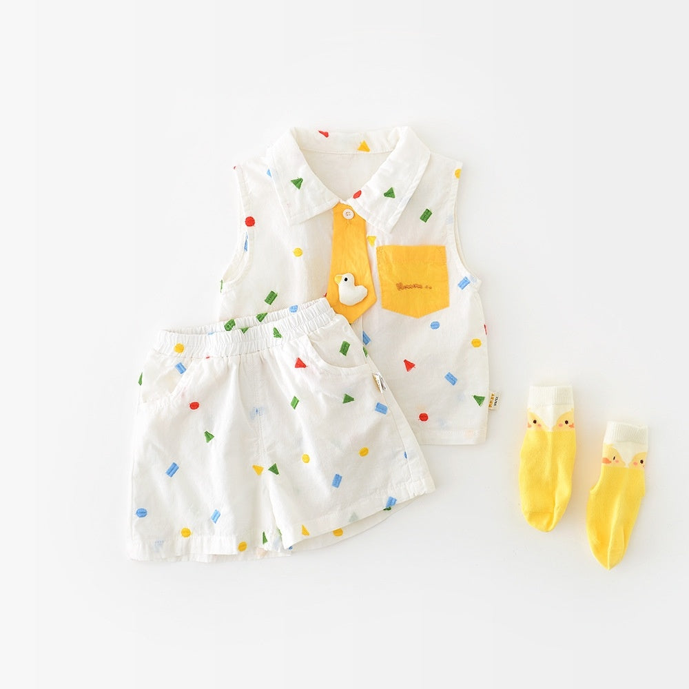 Summer Korean Style Full Embroidery Geometric Vest Suit