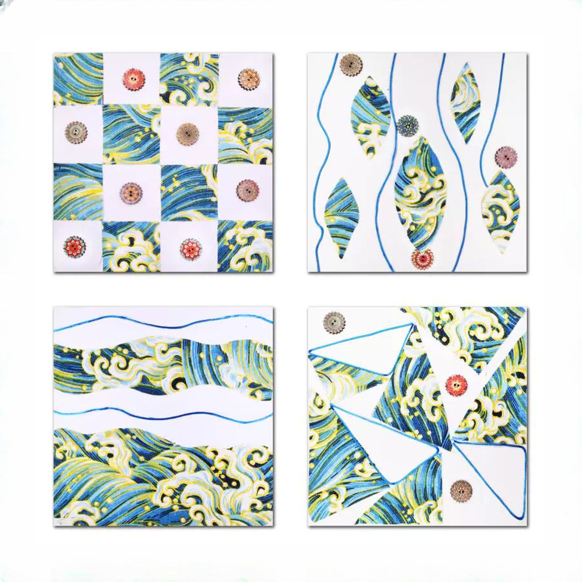 Ocean Waves set of four tactile art tiles with wave-print fabric and wooden buttons
