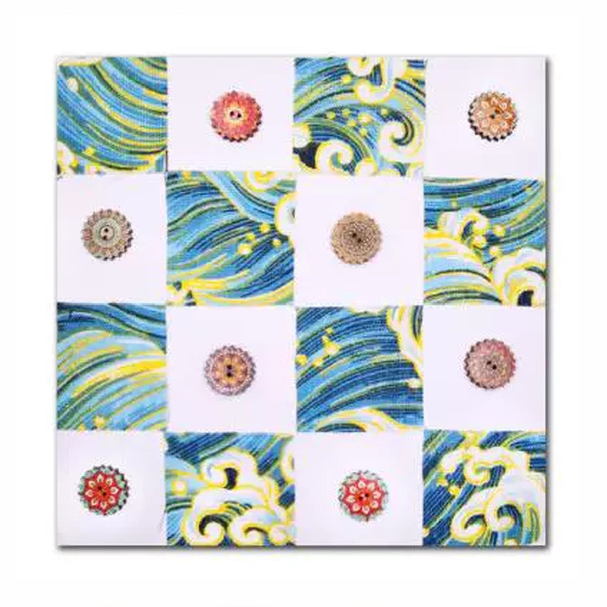 Close-up of an ocean wave checkerboard tile with wooden buttons