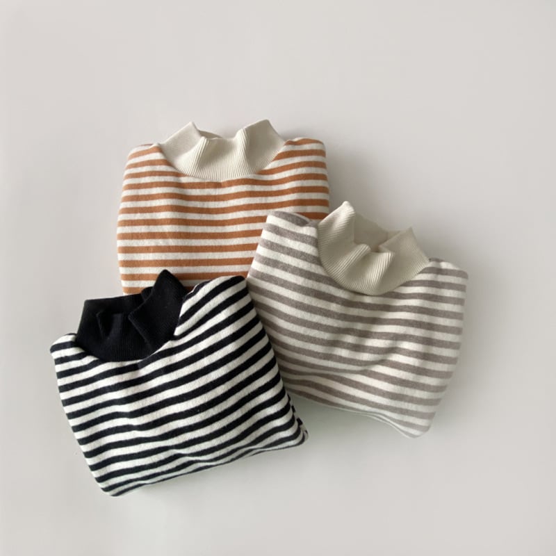 Folded striped baby tops in pumpkin, grey and black