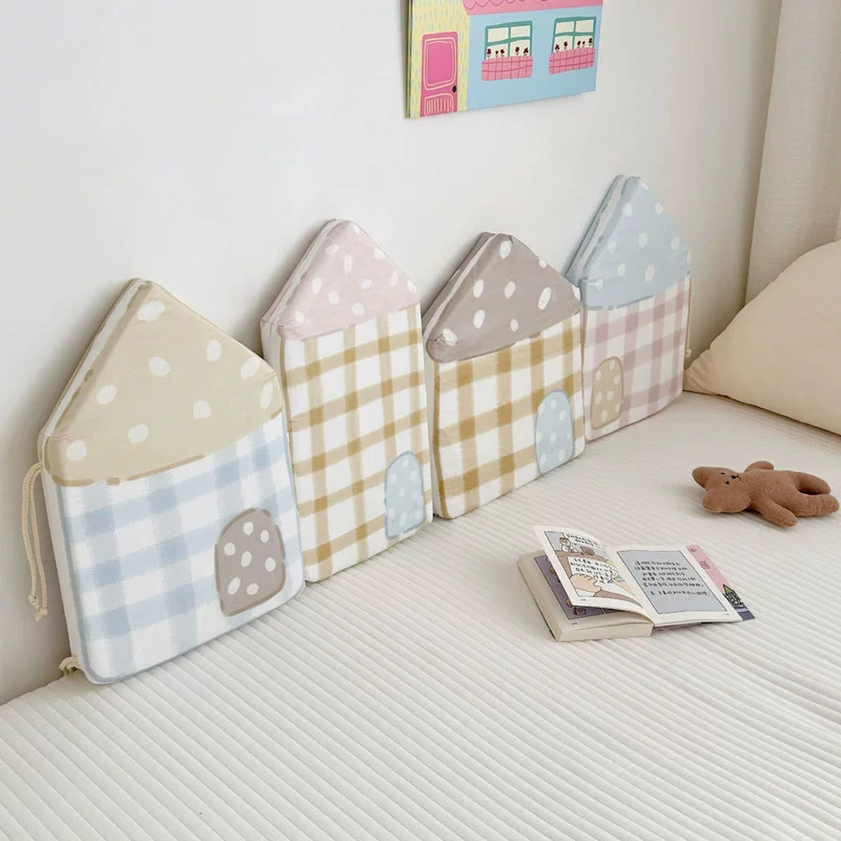 Waffle Check house cushions set in soft blue, pink and beige gingham