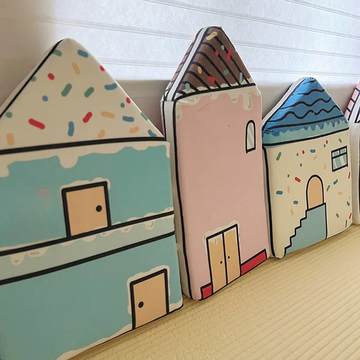 Close-up of the Ice Cream Street houses with sprinkle roofs