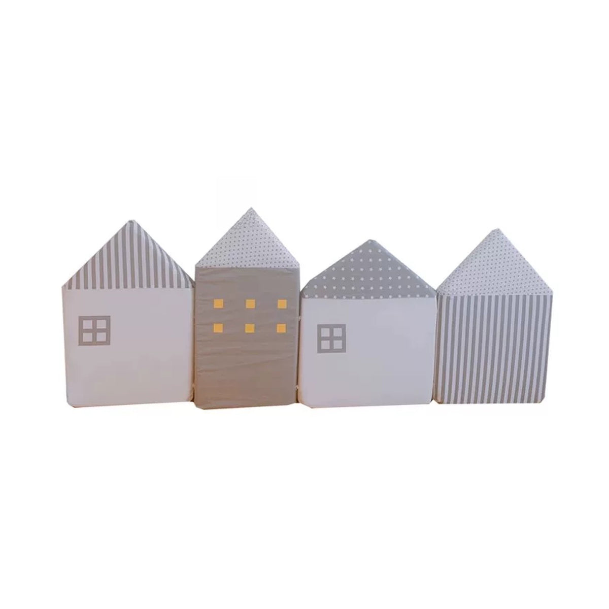 Dove Grey set of four house cushions with little yellow windows
