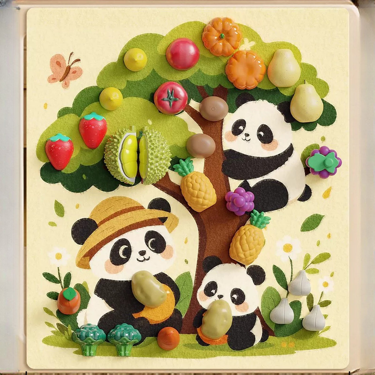 Panda Orchard felt board decorated with colourful fruit pieces