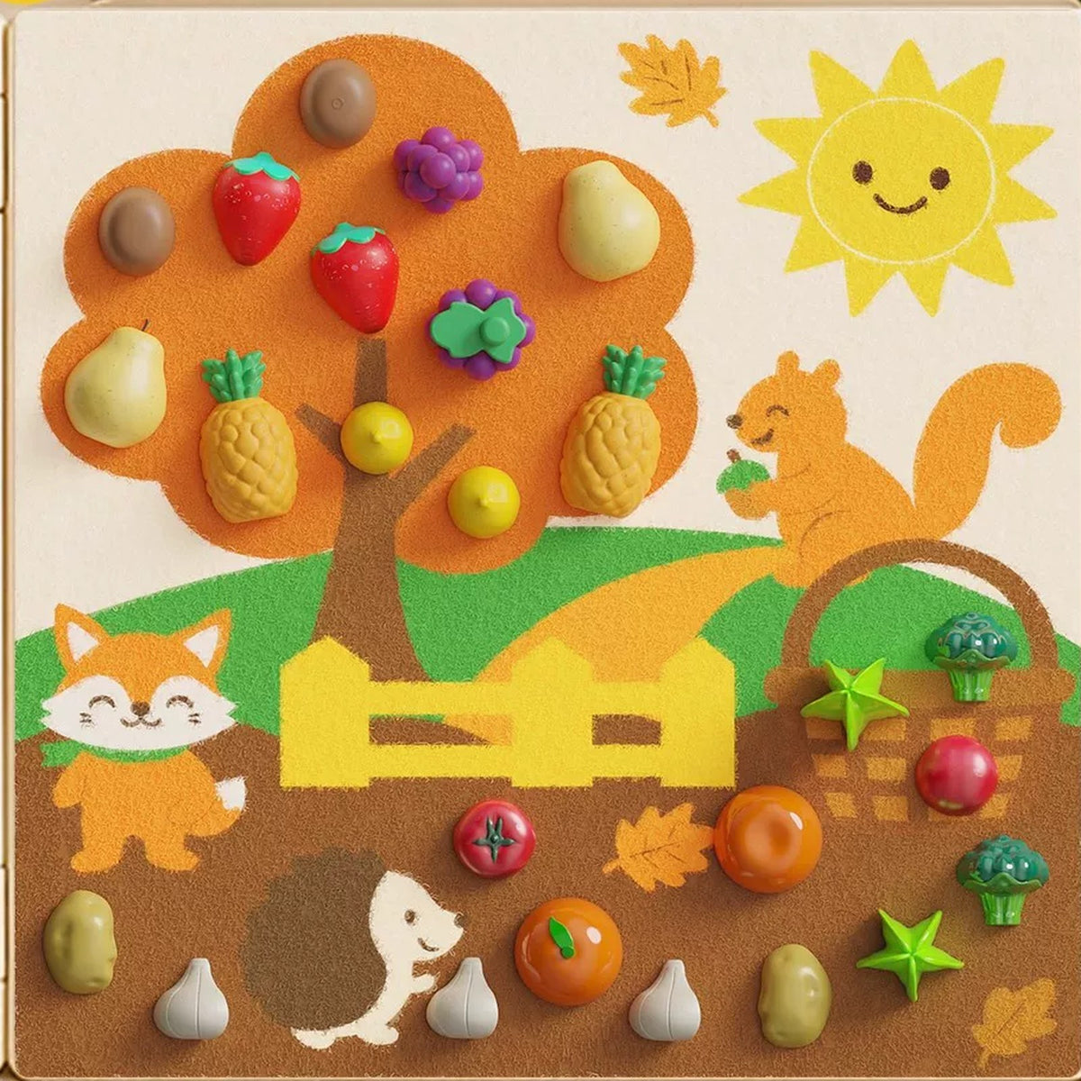 Fox Harvest autumn felt board with fruits, squirrel, hedgehog and basket