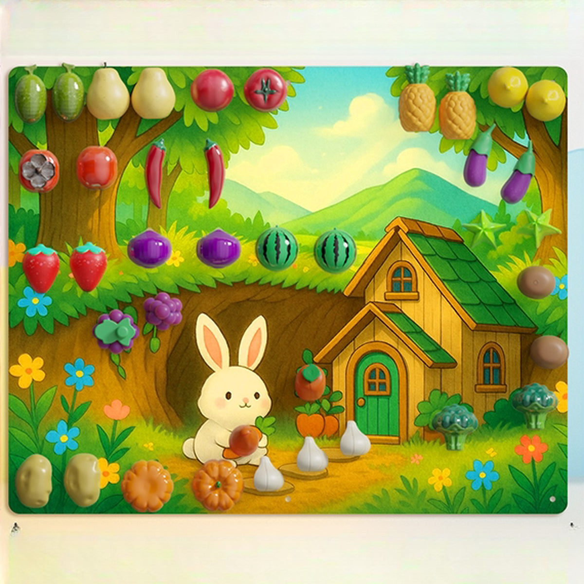 Large Forest Bunny felt board with fruit and vegetable pieces