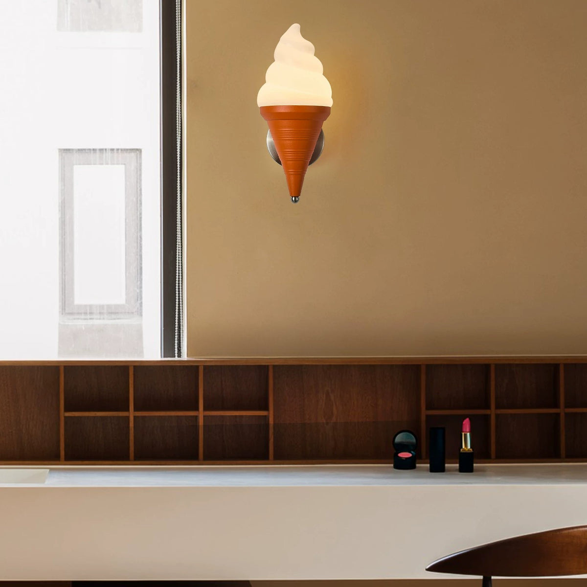 Ice cream wall lamp above a warm wooden shelf in a styled room