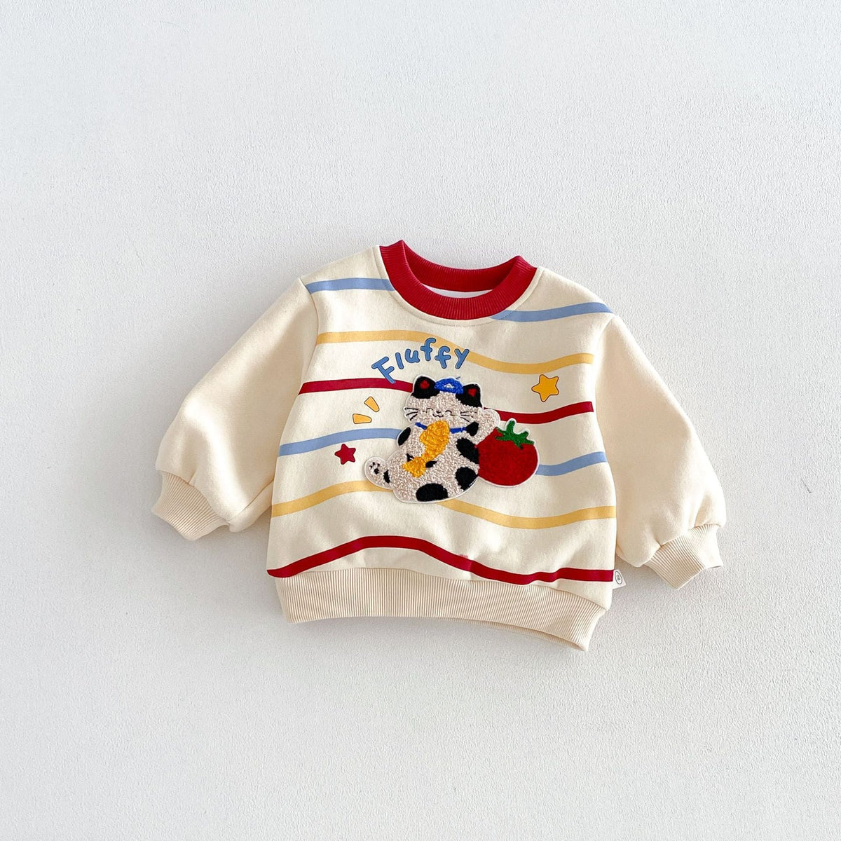 Cream striped kids sweatshirt with a fluffy kitten and strawberry patch