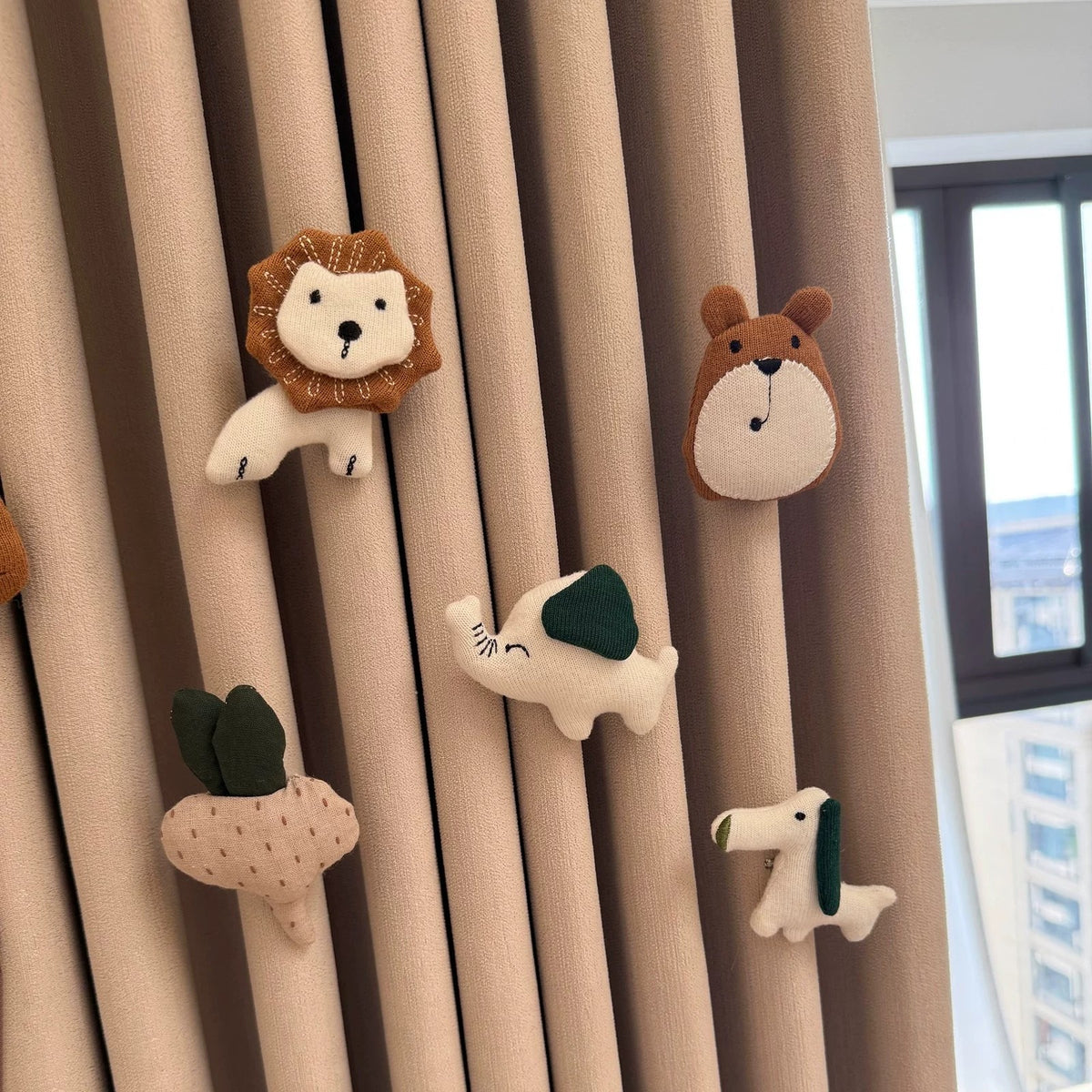 Fabric lion, bear, elephant, radish and puppy curtain charms