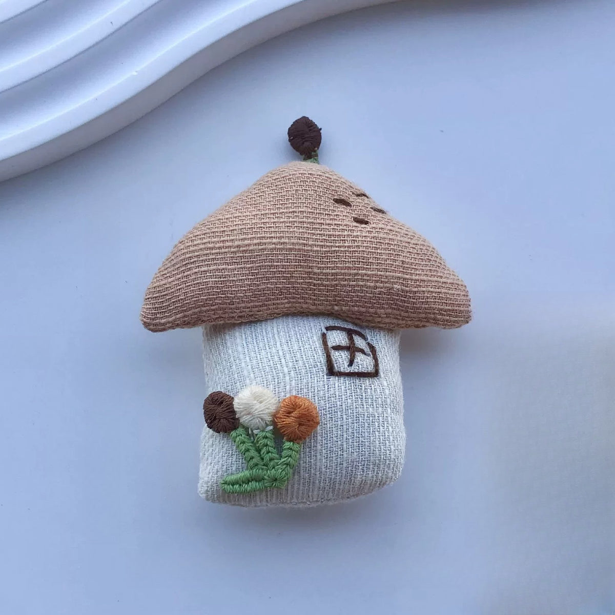 Little house fabric pin with latte roof and embroidered flowers