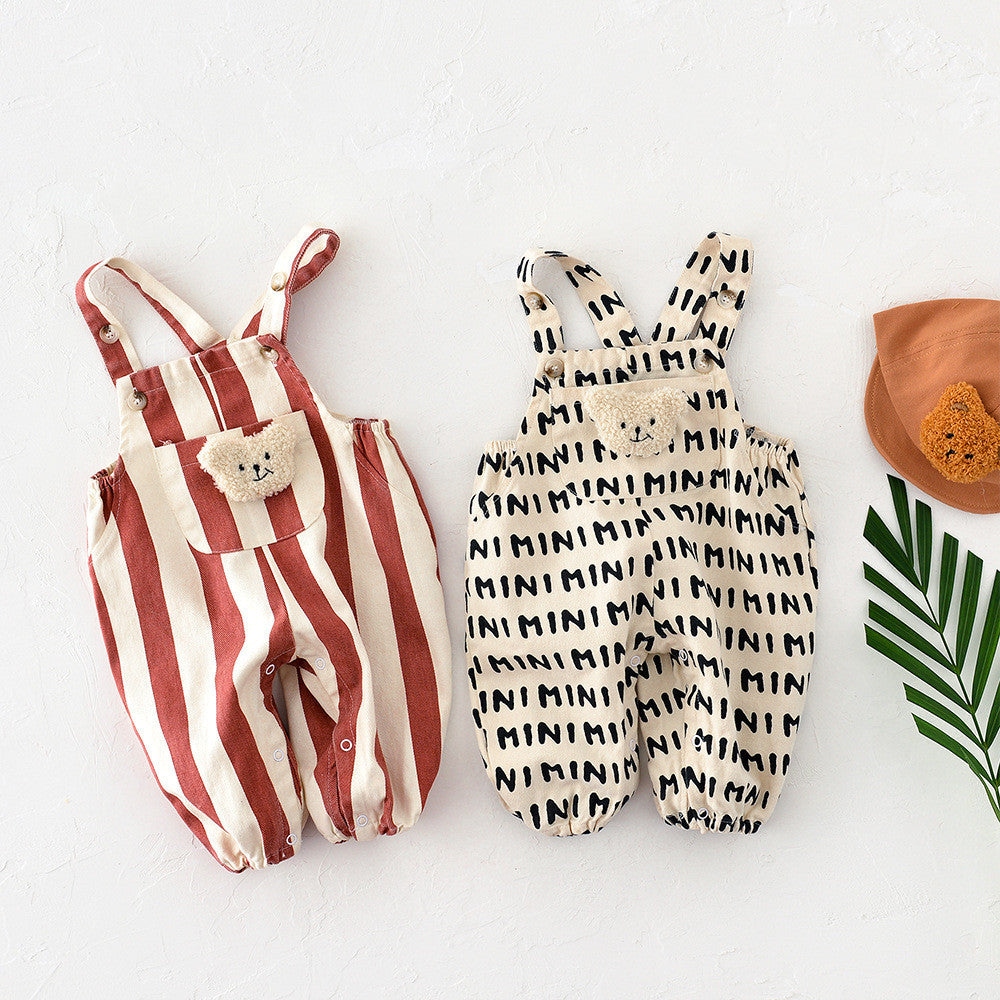 Baby overalls in striped and MINI letter print, matching teddy bear pocket detail