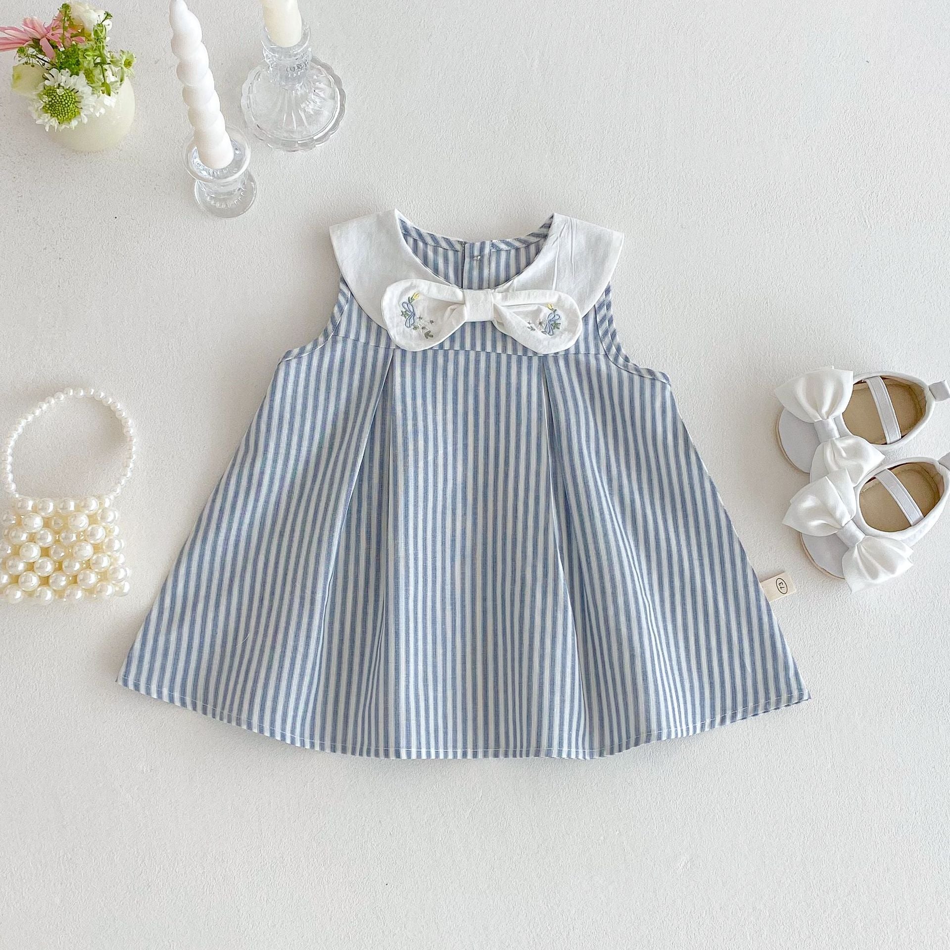 Baby girl striped dress with embroidered bow collar, spring styling
