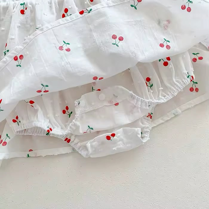 Cherry print bloomer shorts snap closure on baby dress romper