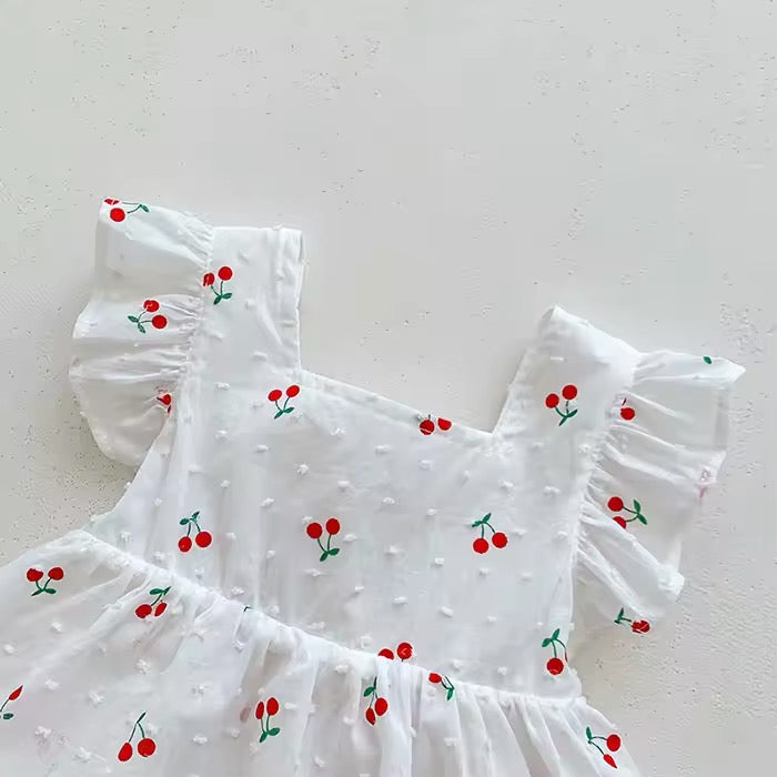 White cherry print baby dress with ruffled flutter sleeve straps