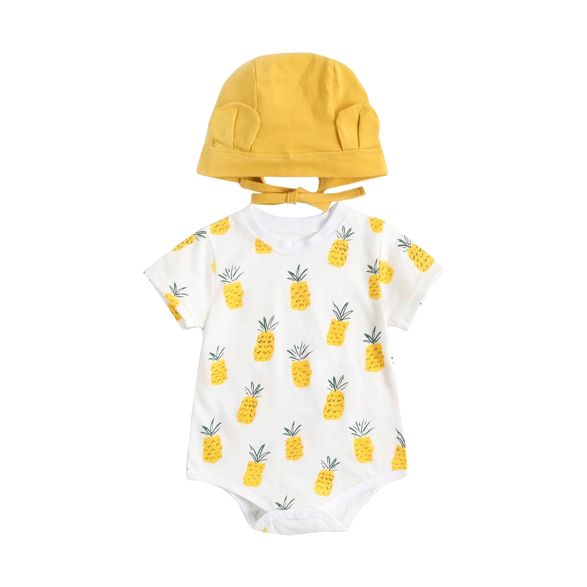Pineapple print baby bodysuit with matching yellow bear ear bonnet hat