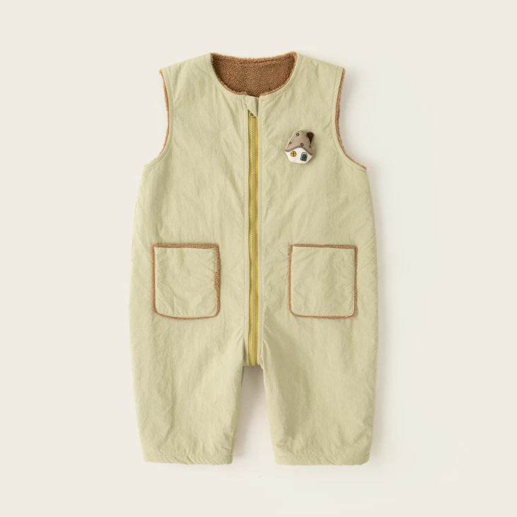 Sage quilted sherpa-lined baby romper with zip front and patch pockets