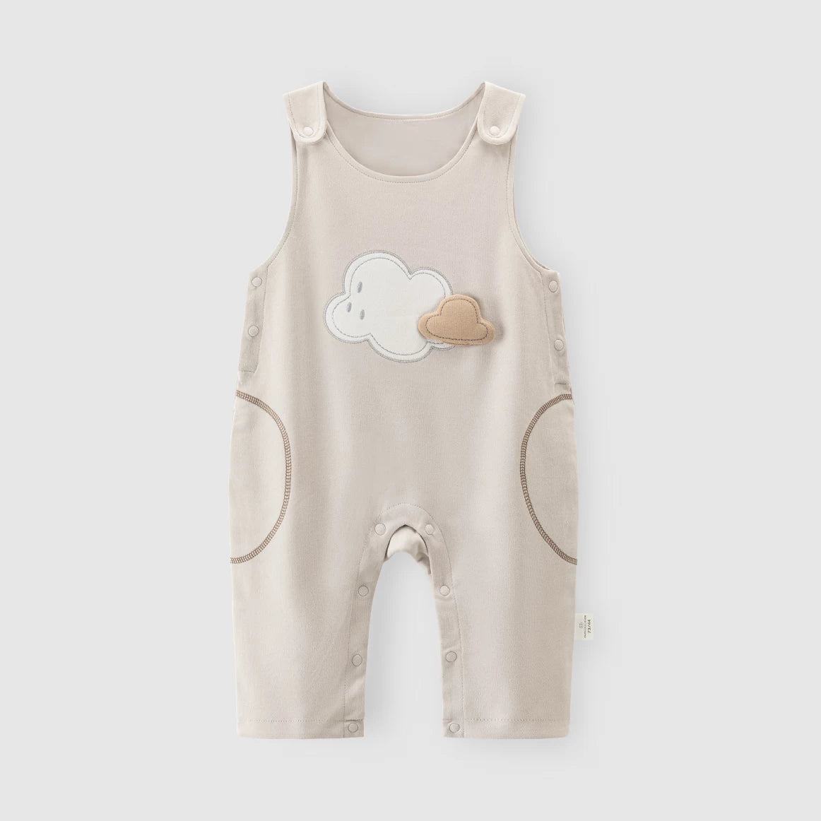 Almond beige cotton baby overalls with cloud applique