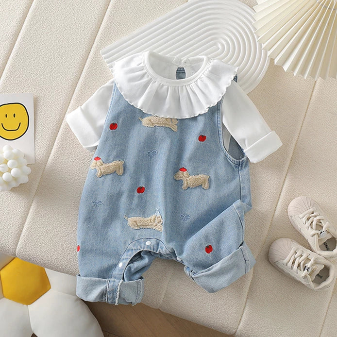Baby girl denim overalls set with embroidered apples and turned-up hems