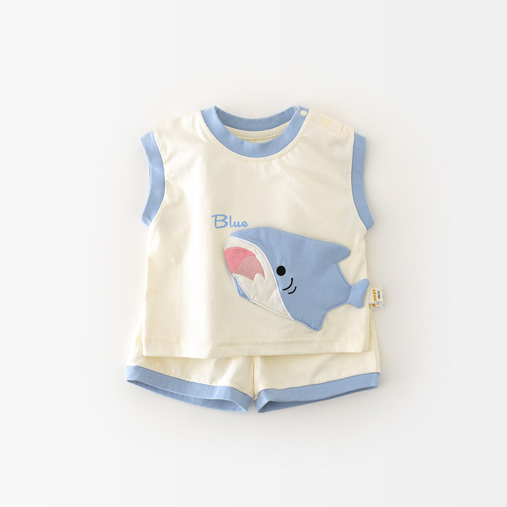 Korean Style Boys And Girls Summer Cartoon Shark Vest Suit