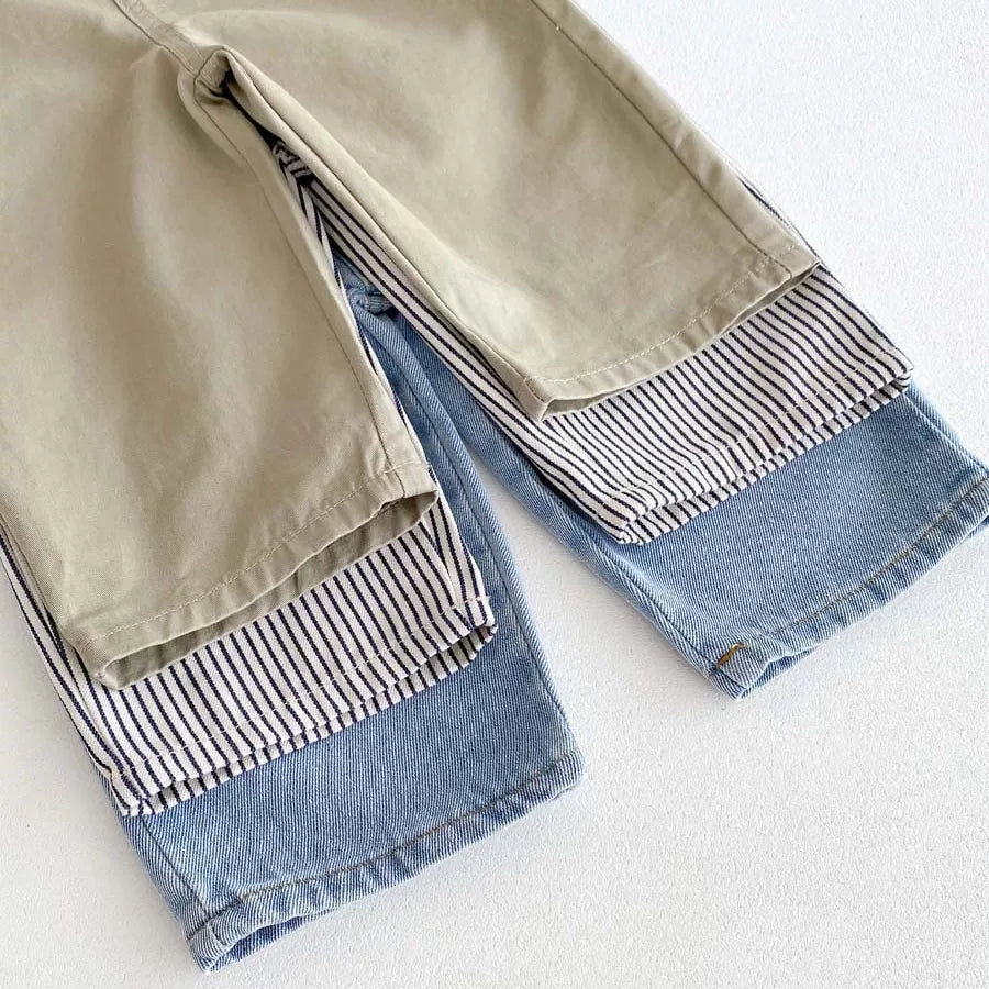 Rolled turn-up cuffs on khaki, striped and denim overalls