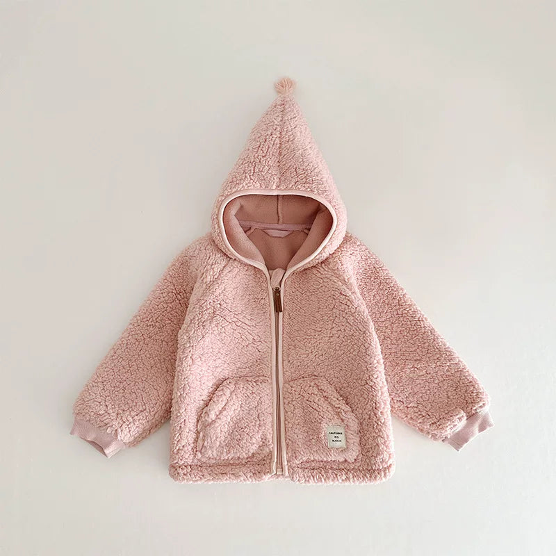 Blush pink sherpa fleece zip-up jacket with gnome hood, flat lay