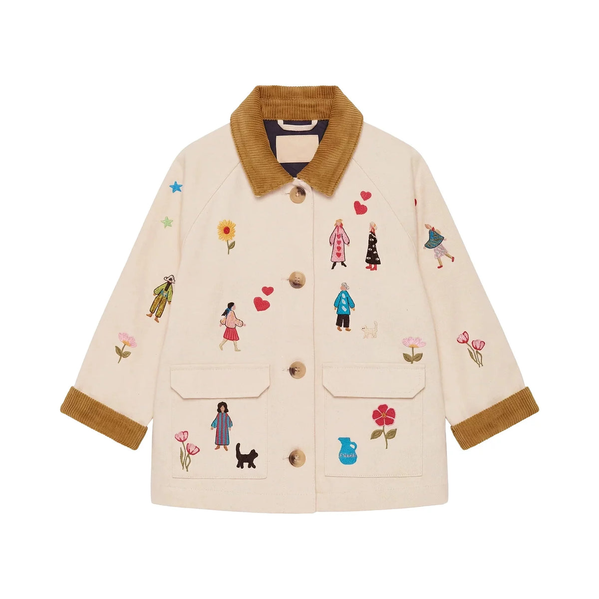 Cream kids chore jacket with embroidered people, flowers and hearts, front view