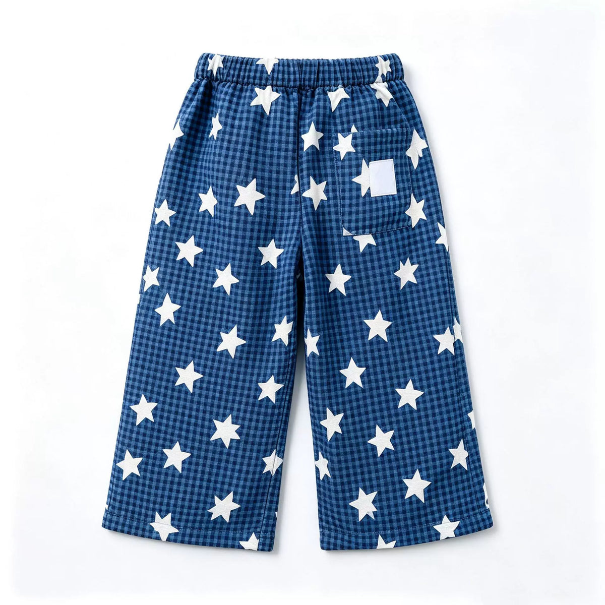 Navy star gingham wide-leg kids pants, flat lay