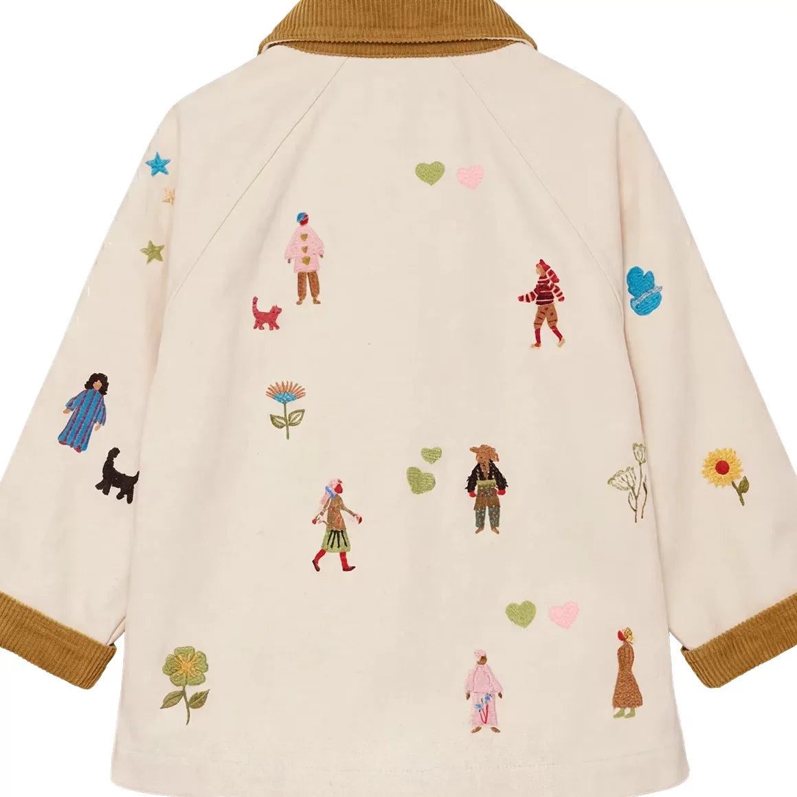 Back of the cream kids chore jacket with embroidered figures and flowers
