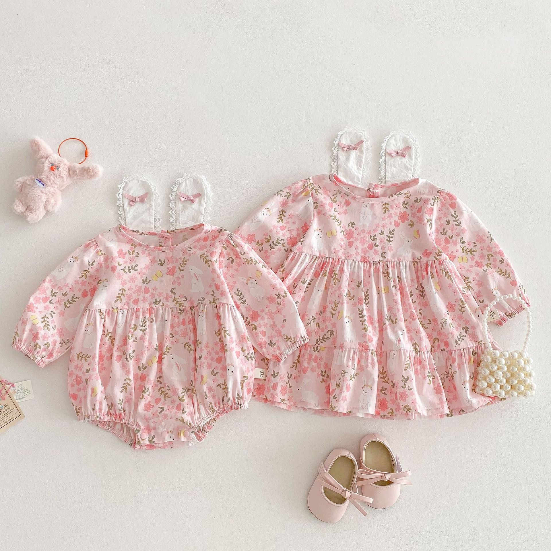 Sugar Petal Bunny Set Romper and Dress – Spring Blush 🍓🐰
