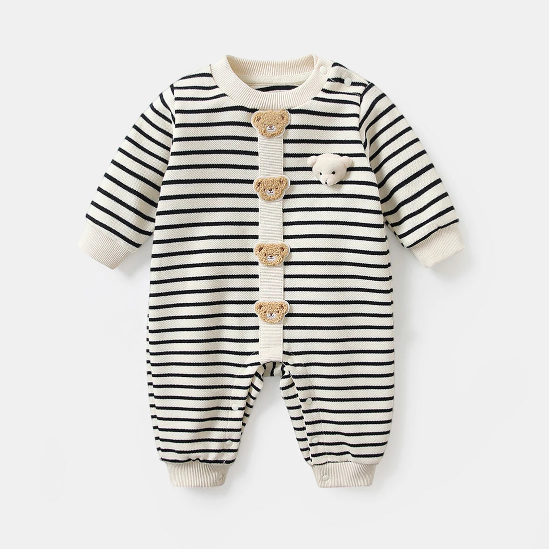 Front of the striped teddy bear baby romper with 3D bear on the chest