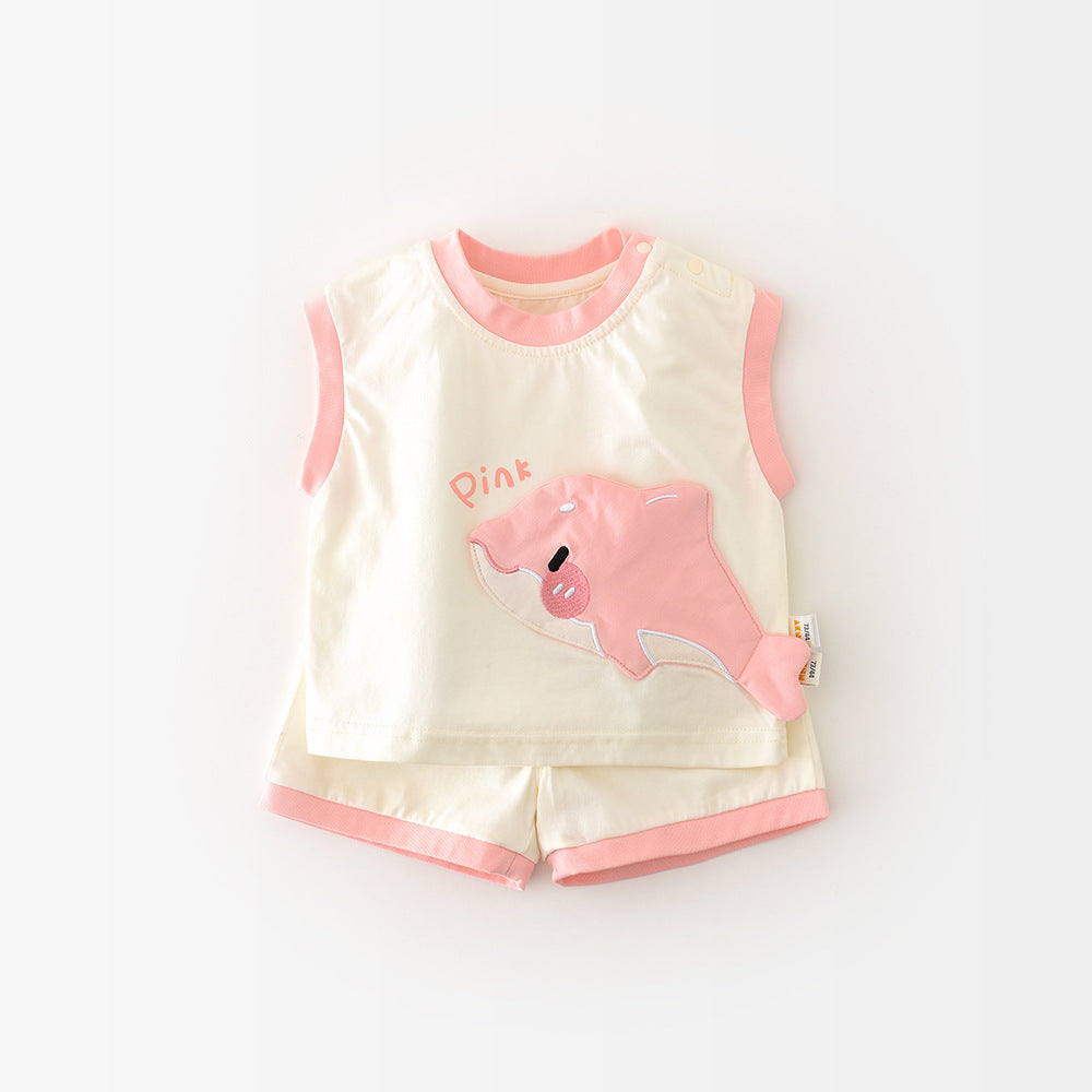 Korean Style Boys And Girls Summer Cartoon Shark Vest Suit