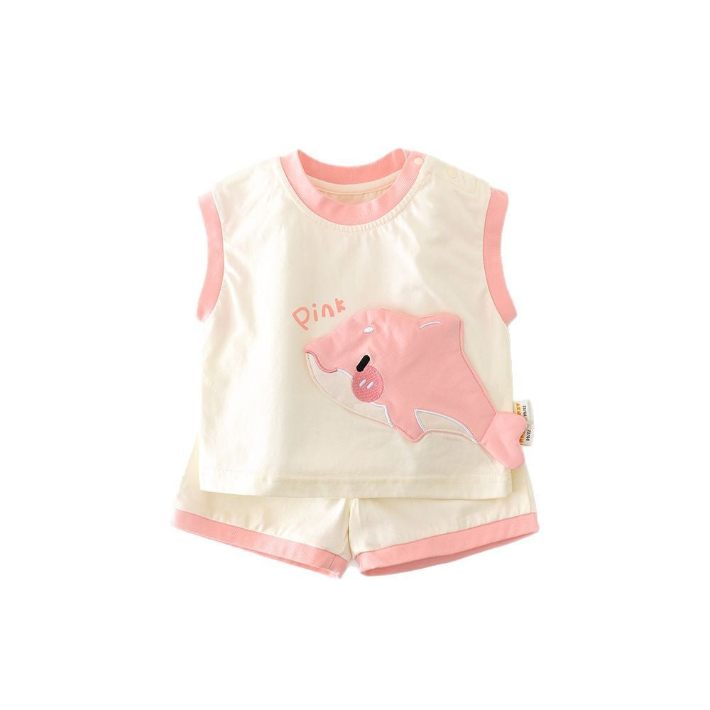 Korean Style Boys And Girls Summer Cartoon Shark Vest Suit