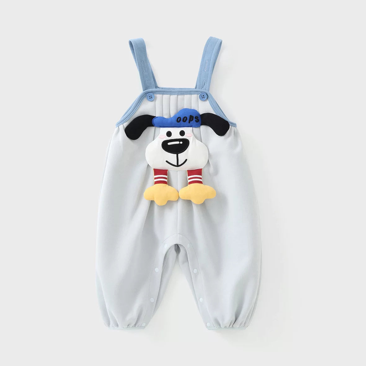 Sky blue baby overall romper with puppy in a blue cap, flat lay