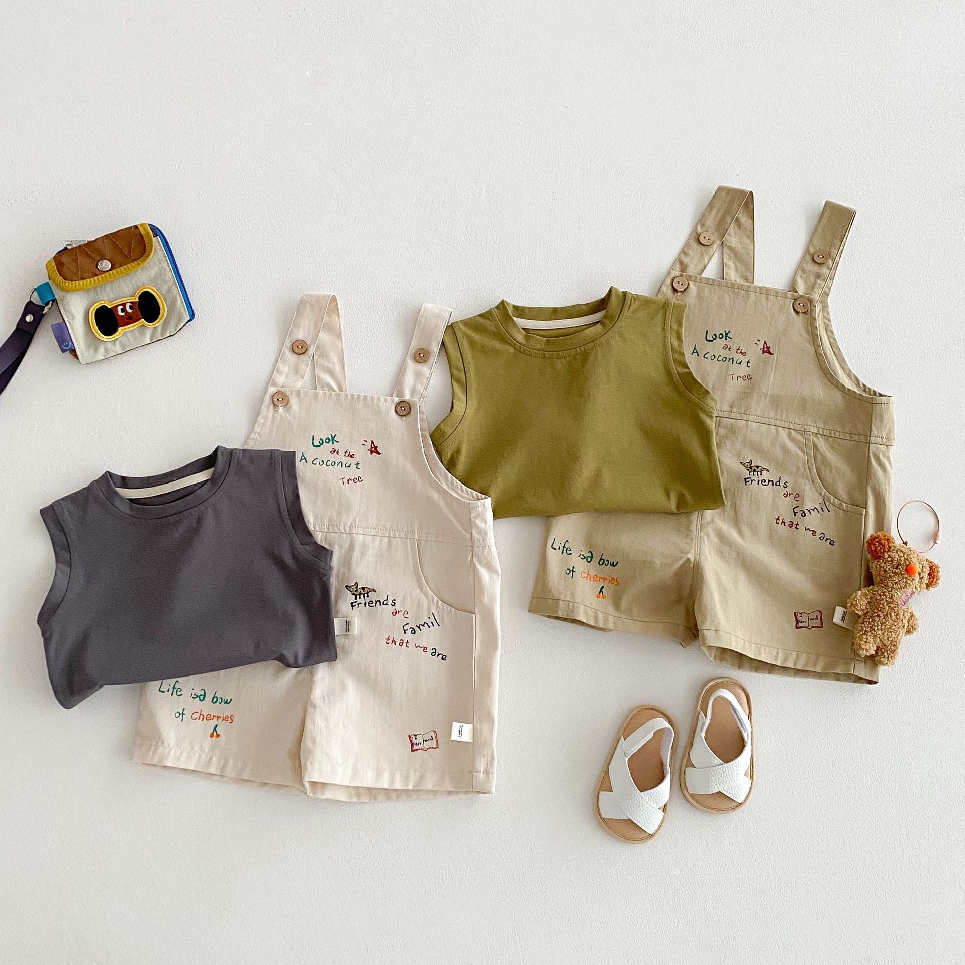 Simple Fashion T-shirt Fashion Baby Korean Style Cartoon Suspender Pants