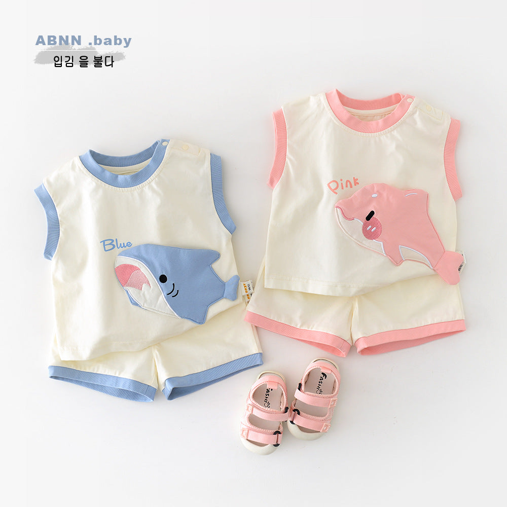 Korean Style Boys And Girls Summer Cartoon Shark Vest Suit