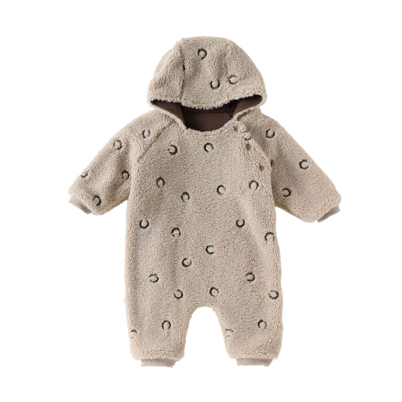 Camel hooded fleece baby romper with embroidered moons, flat lay