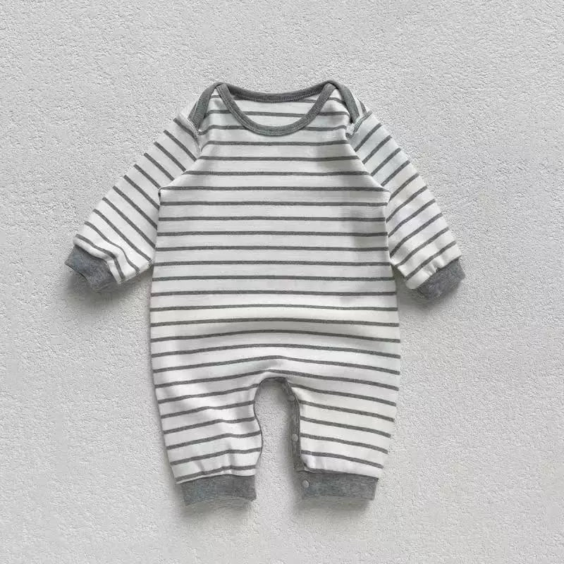 Grey and white striped long-sleeve baby romper, flat lay