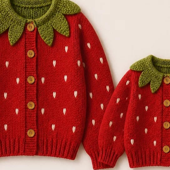 Two sizes of the strawberry knit cardigan side by side