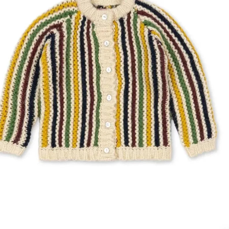 Kids chunky striped cardigan with cream ribbed trims, front view