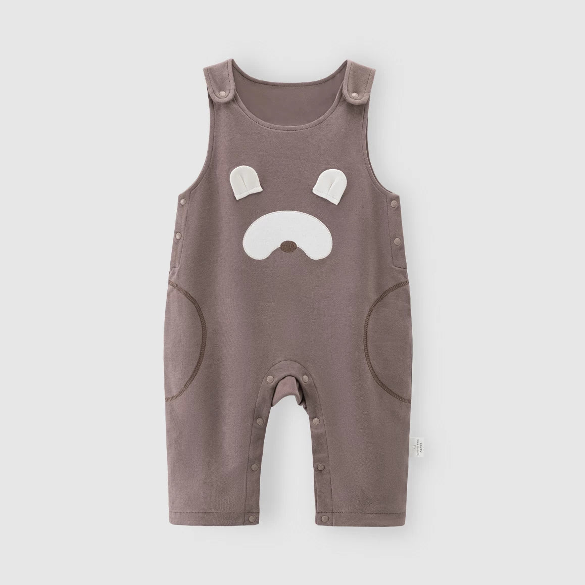 Mocha brown cotton baby overalls with bear face applique