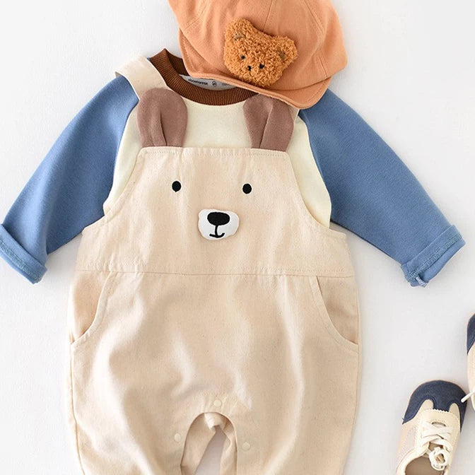 Teddy ears baby dungarees and raglan tee styled with baby sneakers