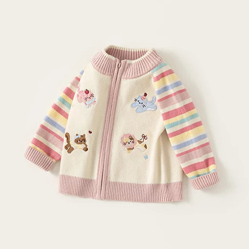 Cream zip knit cardigan with rose trim, rainbow-striped sleeves and embroidered animals